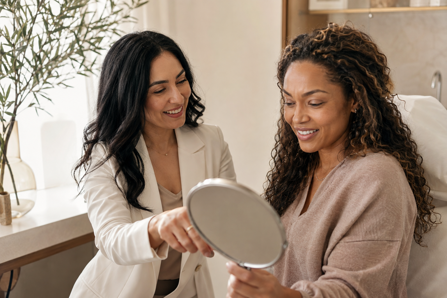 A caring aesthetic provider and client reviewing her skincare together