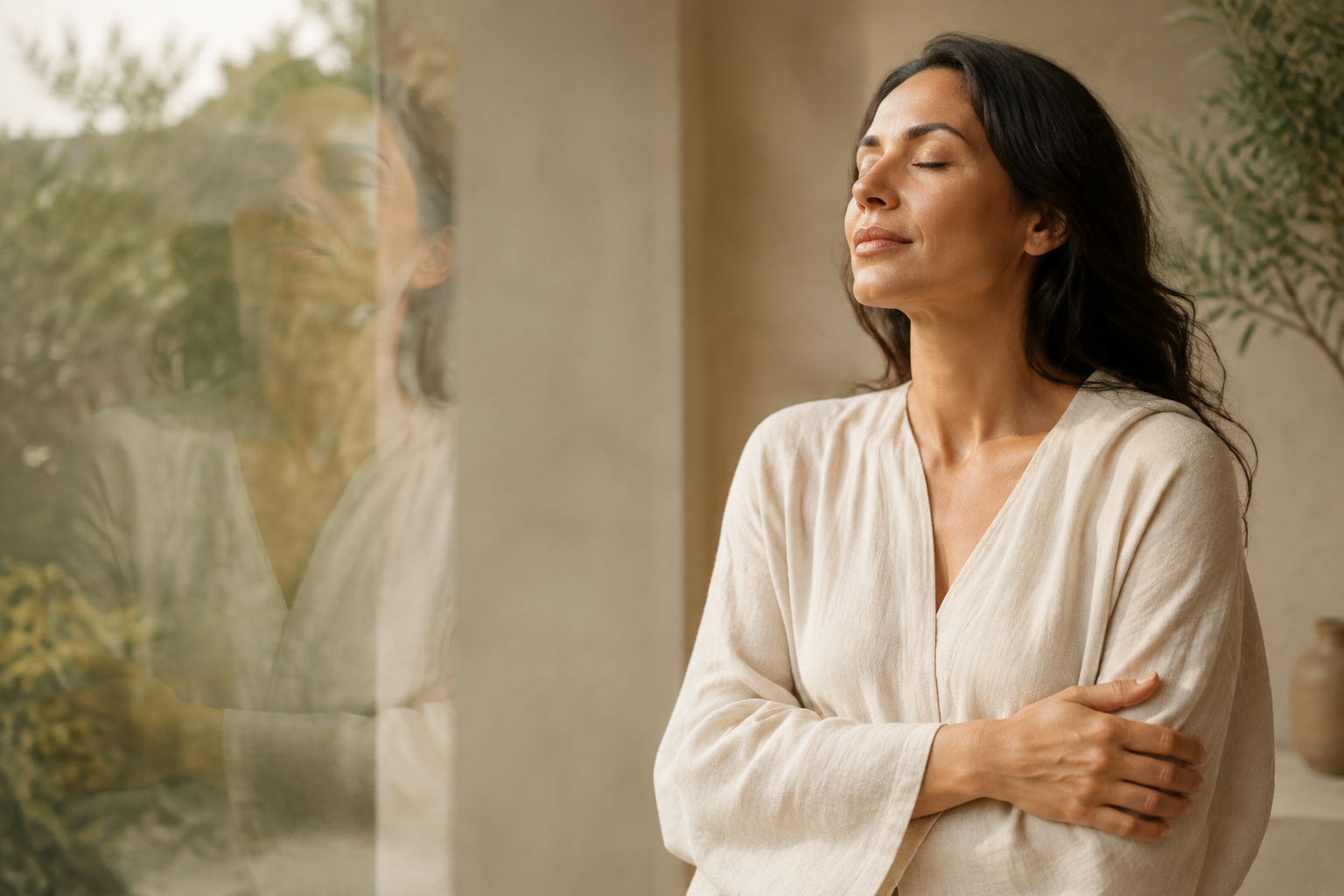 A peaceful woman beside her reflection, expressing ATMA's idea of the inner self